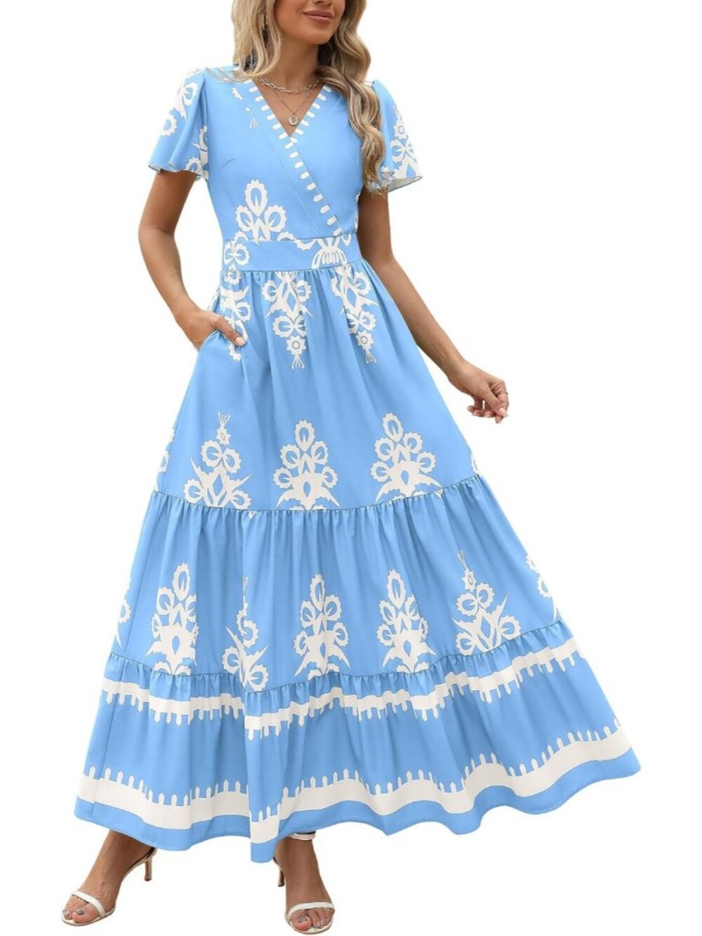 Women's Floral Sky Blue Boho Maxi V Neck Bell Sleeve Flowy Dress W/Pockets